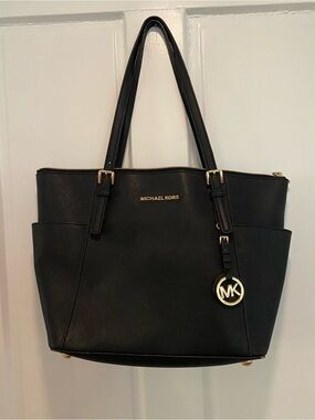 Michael Kors Black Leather Tote with Gold Hardware